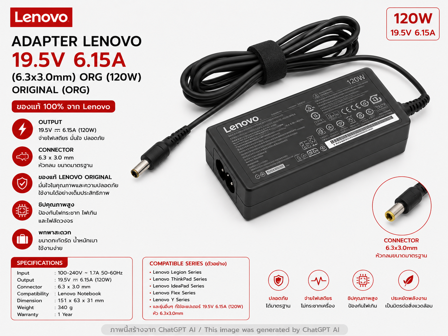 lenovo Adapter Lenovo 19.5V 6.15A(6.3x3.0)ORG(120wh)