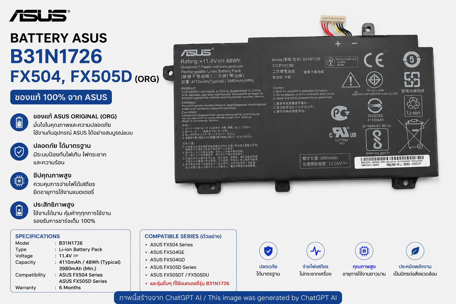 BatteryAsus(B31N1726)(หูบน1หู)org FX504,FX505D